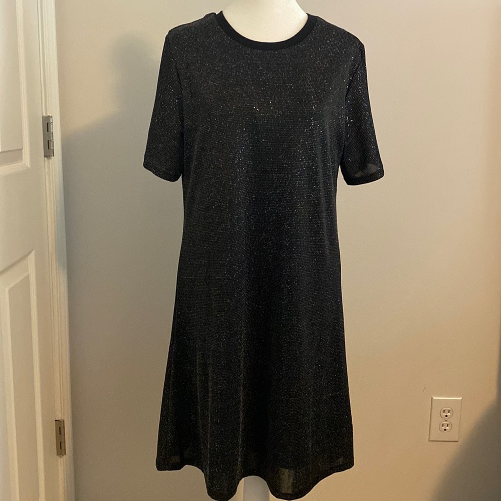 NWOT!! Rock & Roll Black Denim brand Flutter Sleeve Knot Metallic Dress